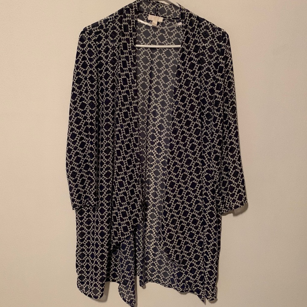 Long Blue and White Print Sheer Long Sleeve Cardigan